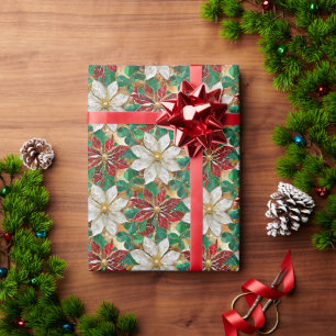 Papel De Presente Poinsétia Branco Vermelho Verde Dourado