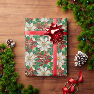 Papel De Presente Poinsétia Branco Vermelho Verde Dourado