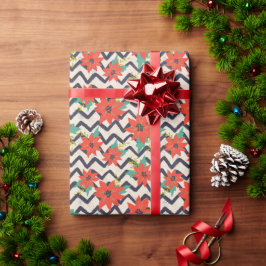 Papel De Presente Poinsétia Vermelha de Natal com Zigue-Zague Preto