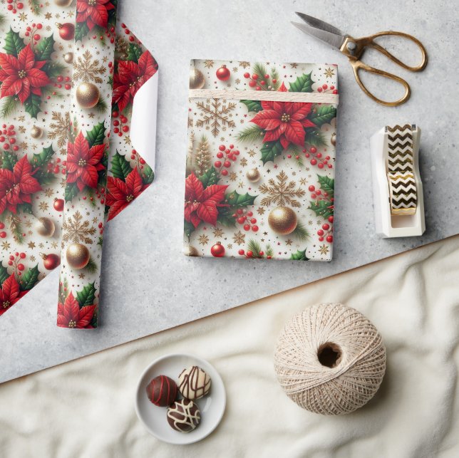 Papel De Presente Poinsétia Vermelha de Natal Floco de Neve Dourado  (Artesanato)