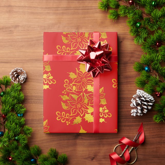 Papel De Presente Poinsétias Árvores de Natal em Folha de Ouro Falsa (Presente de Natal)