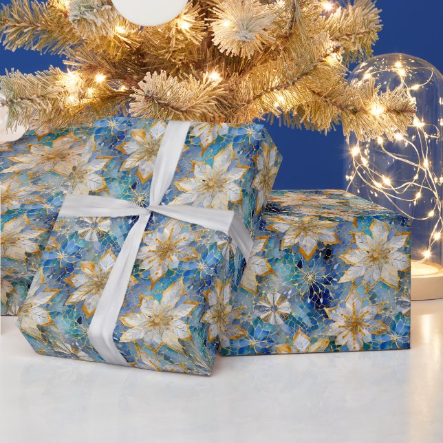 Papel De Presente Poinsétias de Natal Azul Branco Dourado (Feriados)