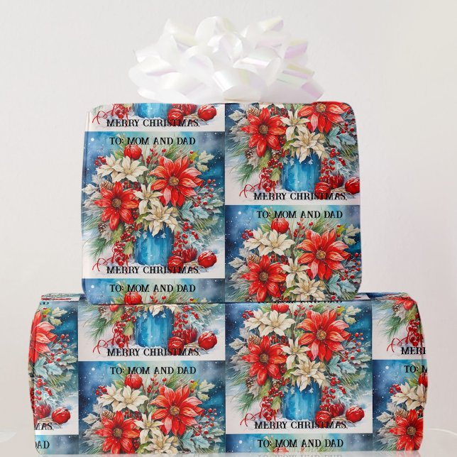 Papel De Presente Poinsetos de Natal Para Texto Personalizado da Mãe (Criador carregado)