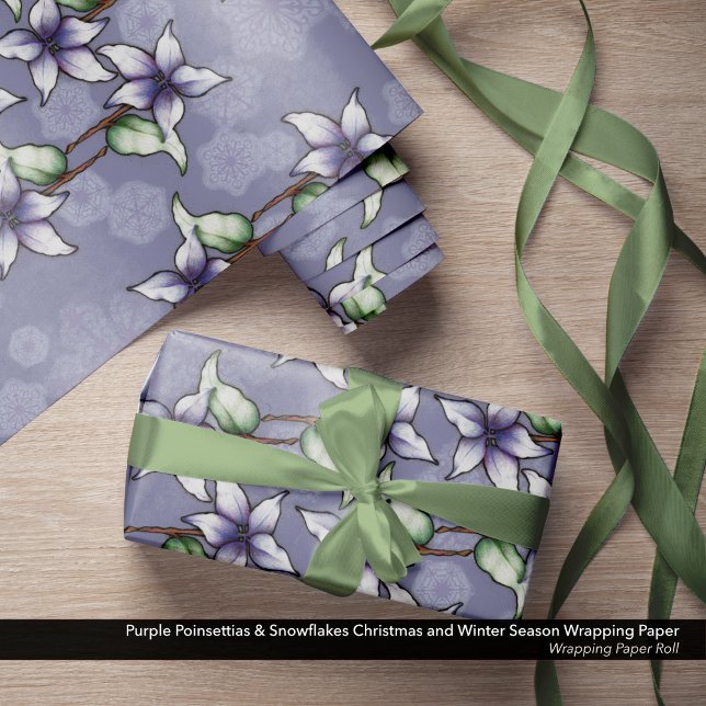 Papel De Presente Poinsetos roxos e flocos de neve no Natal (Purple Poinsettias & Snowflakes Christmas and Winter Season Wrapping Paper Roll)