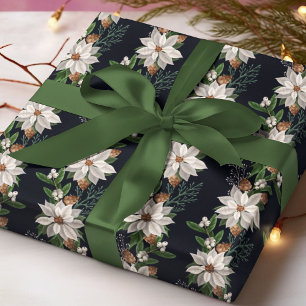 Papel De Presente Poinsettia Branca de Pinha Natal Floral de Inverno
