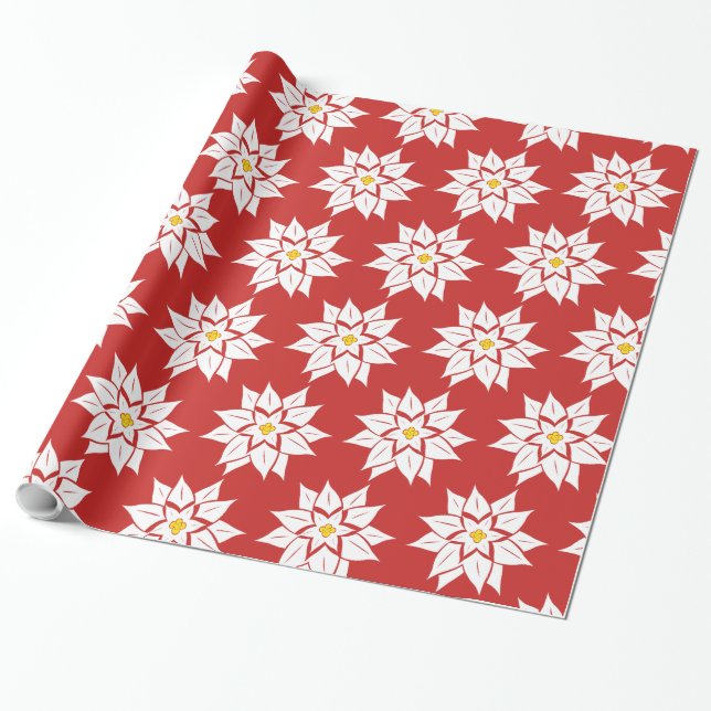 Papel De Presente Poinsettia Branca em Vermelho (Desenrolado)