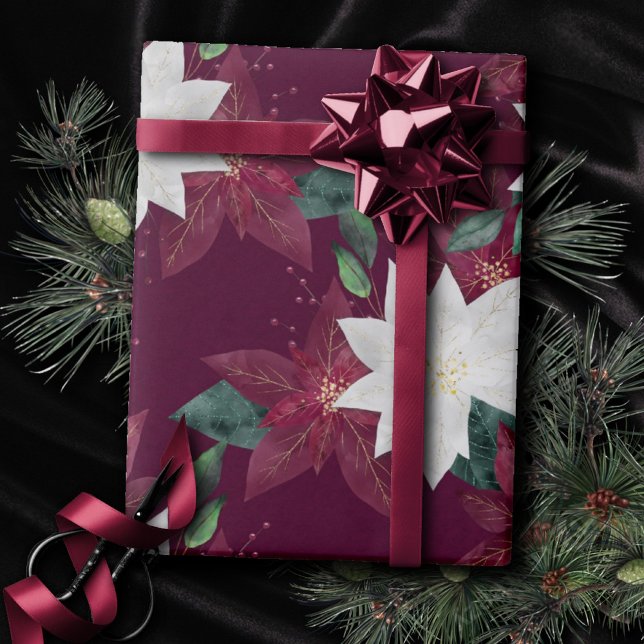 Papel De Presente Poinsettia Burgundy e Teal Winter Holiday Floral (Criador carregado)