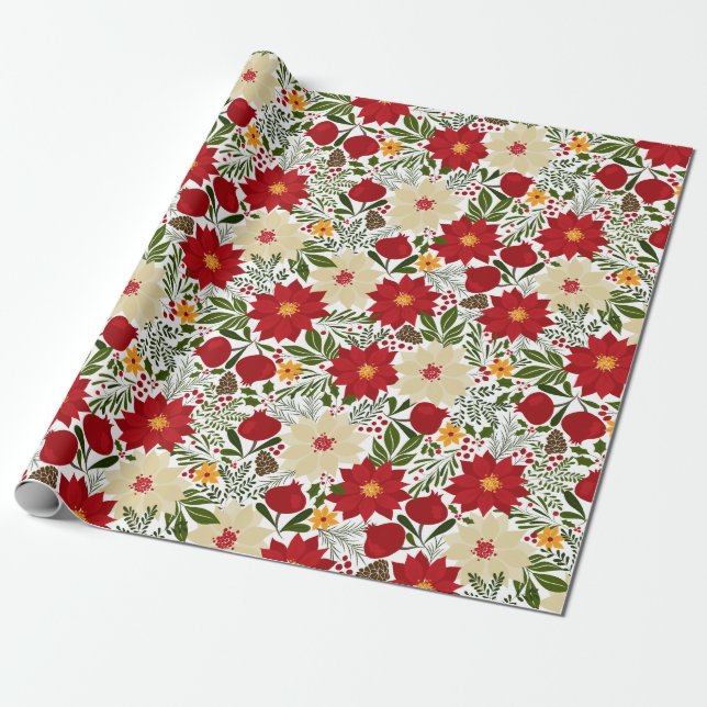 Papel De Presente Poinsettia Christmas Floral (Desenrolado)