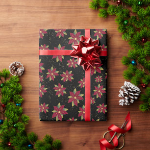 Papel De Presente Poinsettia Clássica com Spritz Dourado em preto