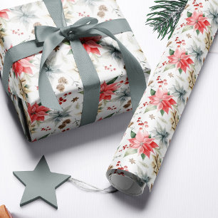 Papel De Presente Poinsettia de Casa de Campo Natal Branco Rústico d
