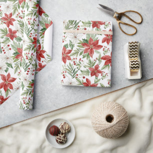 Papel De Presente Poinsettia de Natal em Vermelho e Branco