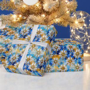 Papel De Presente Poinsettia de Natal Flocos de Neve Azul Branco Dou