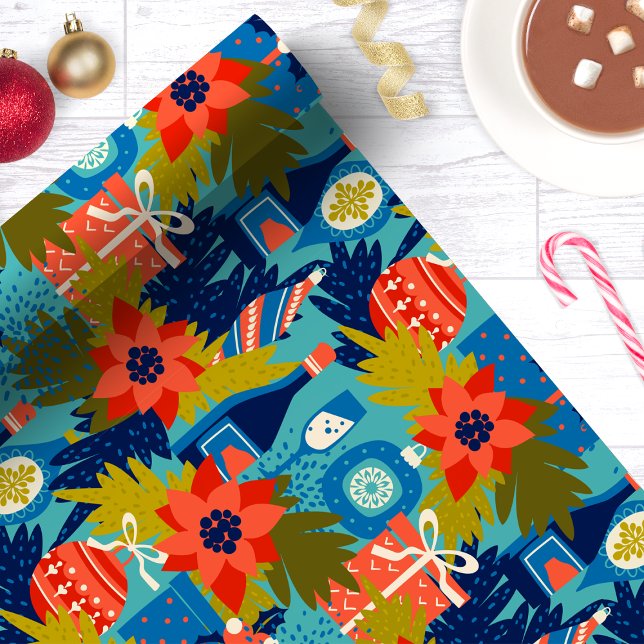 Papel De Presente Poinsettia de Natal Moderna com Vinho (Criador carregado)