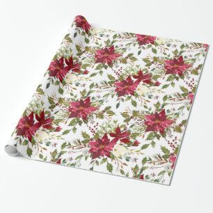 Papel De Presente Poinsettia de Natal Vermelha Floral de Festa Elega
