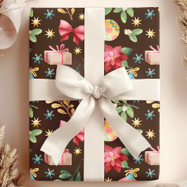 Papel De Presente Poinsettia e Azevinho de Natal em Aquarela