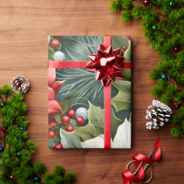 Papel De Presente Poinsettia & Holly Berries