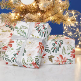 Papel De Presente Poinsettia Holly Berry Ivory Foliday