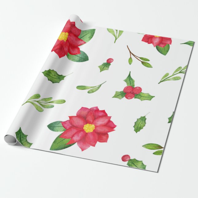 Papel De Presente Poinsettia & Holly Christmas Wraps Paper (Desenrolado)