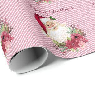 Papel De Presente Poinsettia Listra Papai Noel Floral Cranberry