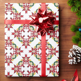 Papel De Presente Poinsettia Quilt Padrão Vermelho e Verde Tradicion