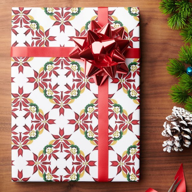 Papel De Presente Poinsettia Quilt Padrão Vermelho e Verde Tradicion (Criador carregado)