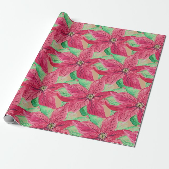 Papel De Presente Poinsettia Red Floral Christmas Vintage (Desenrolado)