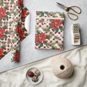 Papel De Presente Poinsettia Red White Check Padrão Presente de Nata