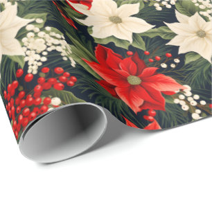 Papel De Presente Poinsettia Rich Reds & Cream Bonito Roll de Natal
