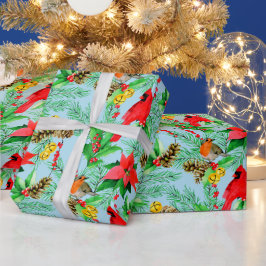 Papel De Presente Poinsettia Spruce Branches Cones Robin Cardinals