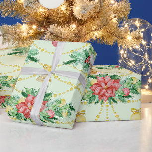 Papel De Presente Poinsettia Vermelha de Natal aquarela, enfeites 