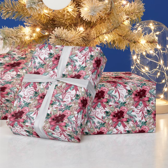 Papel De Presente Poinsettia Watercolor Wrapping Natal Burgundy (Feriados)