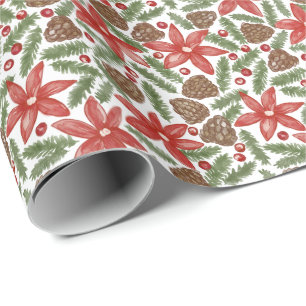 Papel De Presente Poinsettias Aguarela Pinheiro & Frutas Natal