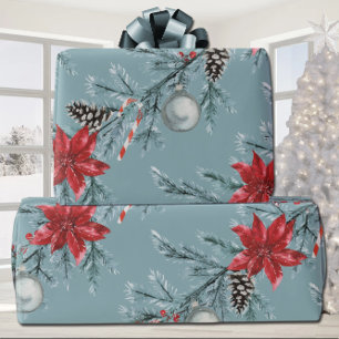 Papel De Presente Poinsettias Christmas Blue Spruce Garland Blue