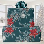 Papel De Presente Poinsettias Christmas Blue Spruce Garland Teal<br><div class="desc">Um papel elegante e sofisticado de embalagem de férias,  que inclui as terras de um ramo de árvore azul na diagonal carregada de cones brancos e bagas vermelhas,  ornamentos azuis de gelo,  poinsetos vermelhos de férias e canas doces vermelhas e brancas,  contra fundo azul-lacrimogênio.</div>
