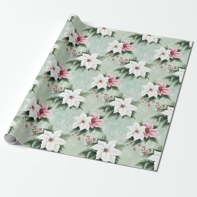 Papel De Presente Poinsettias de Natal Elegante Cor-de-Rosa Branca (Desenrolado)