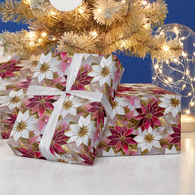 Papel De Presente Poinsettias de Natal Rosa Douradas Brancas (Feriados)