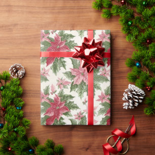 Papel De Presente Poinsettias de Natal Rosa e Vermelho
