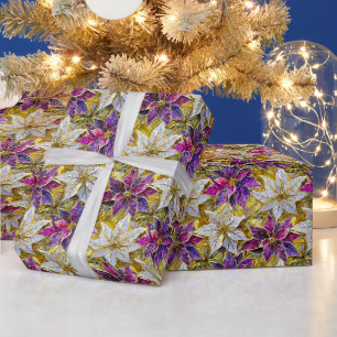 Papel De Presente Poinsettias de Natal Rosa Roxo Dourado Branco
