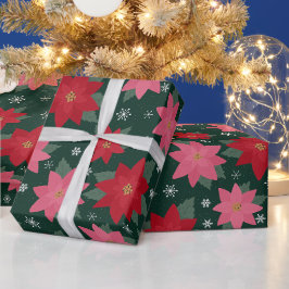 Papel De Presente Poinsettias e Flocos de Neve de Natal Elegante em 