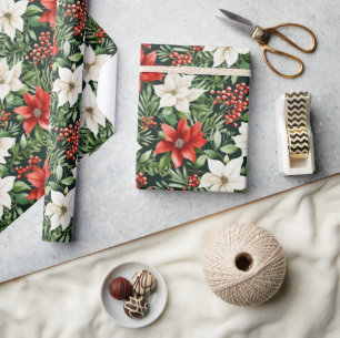 Papel De Presente Poinsettias e Frutas de Natal em Aquarela