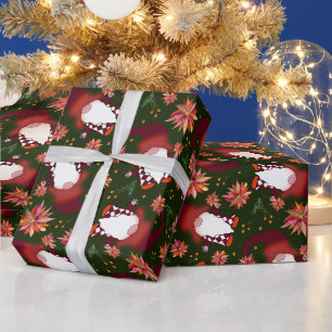 Papel De Presente Poinsettias e Gnomos no Natal Verde Escuro