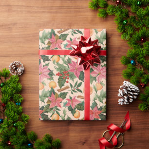 Papel De Presente Poinsettias, Laranjas E Canela