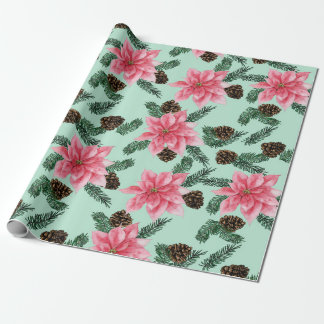 Papel De Presente Poinsettias Rosa em Verde