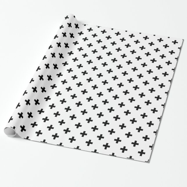 Papel De Presente Polka preto cruza em branco (Desenrolado)