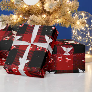 Papel De Presente Pomba de Natal com Alegria em Xadrez