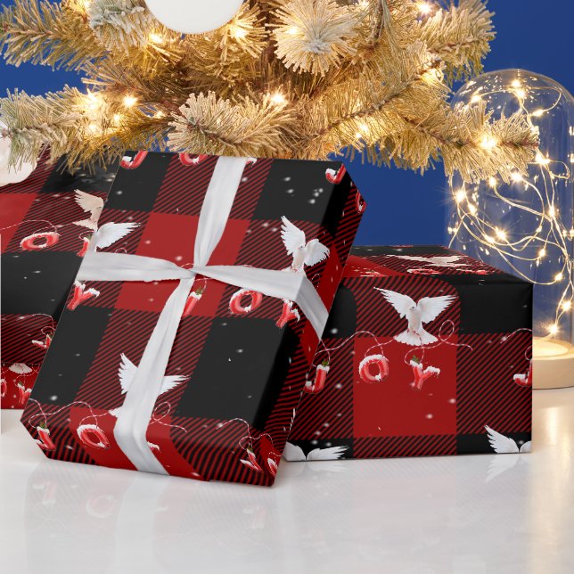 Papel De Presente Pomba de Natal com Alegria em Xadrez (Feriados)