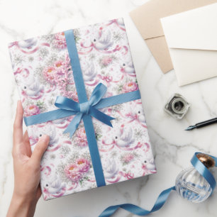 Papel De Presente Pombas de Casamento com Peônias Rosa e Fitas