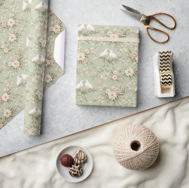 Papel De Presente Pombas de Casamento com Rosas e Fitas (Artesanato)