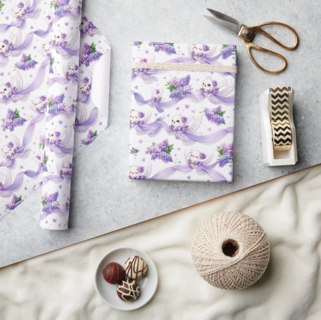 Papel De Presente Pombas de Casamento Fofas com Lilases e Fitas (Artesanato)