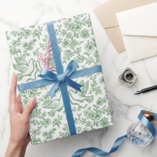 Papel De Presente Pombas de Casamento Verdes com Fitas e Flores